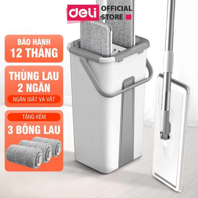 Cây lau nhà tự vắt có thùng 2 ngăn Deli, bộ chổi lau nhà 360 độ kèm bông lau microfiber siêu sạch, lau sàn nhà, sàn gỗ, kính và nhiều bề mặt khác Làm Sạch