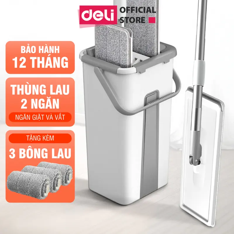 Cây lau nhà tự vắt có thùng 2 ngăn Deli, bộ chổi lau nhà 360 độ kèm bông lau microfiber siêu sạch, lau sàn nhà, sàn gỗ, kính và nhiều bề mặt khác Làm Sạch 0