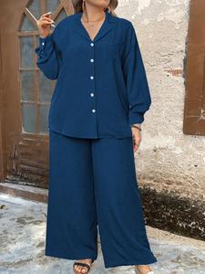 【Plus Size】 Two-Piece Set Solid Button Front Blouse & Elastic Waist Pants, Casual Drop Shoulder Lapel Neck Top & High Waist Trousers for Daily Wear, Women's Plus Size Two-piece Outfits