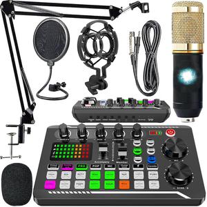 Podcastマイクバンドル、ライブサウンドカードキット付きコンデンサーマイク、PCスマートフォンスタジオ録音用のボイスチェンジャーとミキサー機能を備えたPodcast機器バンドル、オーディオインターフェース