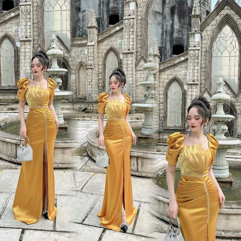 [NGA PHẠM 'DRESS] - ĐẦM DẠ HỘI LỤA KẾT CƯỜM EO PHỐI TƠ ORGANZA XẾP LY TAY PHỒNG DÁNG DÀI XẺ CHÂN -(6 màu) Nữ Women Voi  Trắng váy dự tiệc đỏ hồng 2