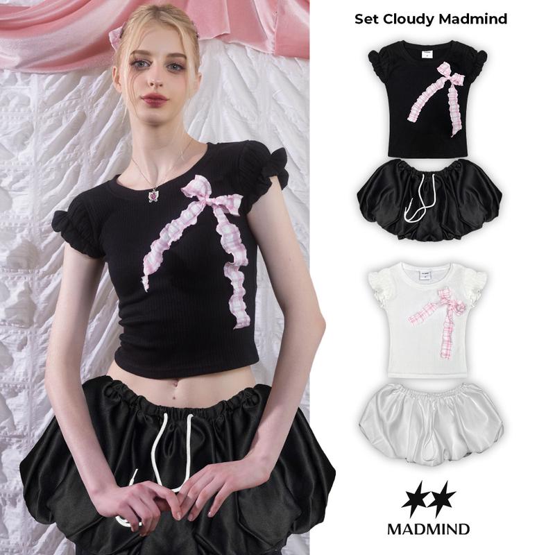 Áo Thun / Chân Váy Ngắn Nữ Dáng Bí May 2 Lớp (Có Quần Bảo Hộ) Cloudy Skirt MADMIND - Màu Đen/ Trắng
