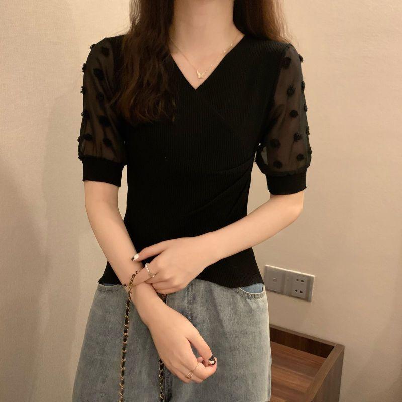 Product Introduction of Áo Thun Thiết Kế Voan Dáng Ôm, Knatwear, Cổ Chữ V, Ngắn, Dành Cho Nữ, Màu Đỏ Ngủ, Quần Áo Nữ 18