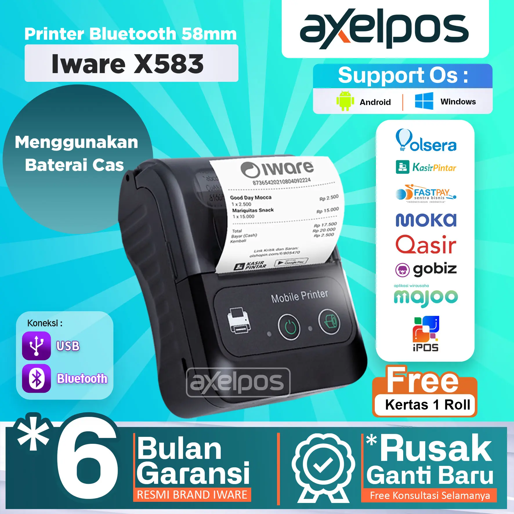 Printer Bluetooth Mini Thermal Kasir 58mm Iware X583