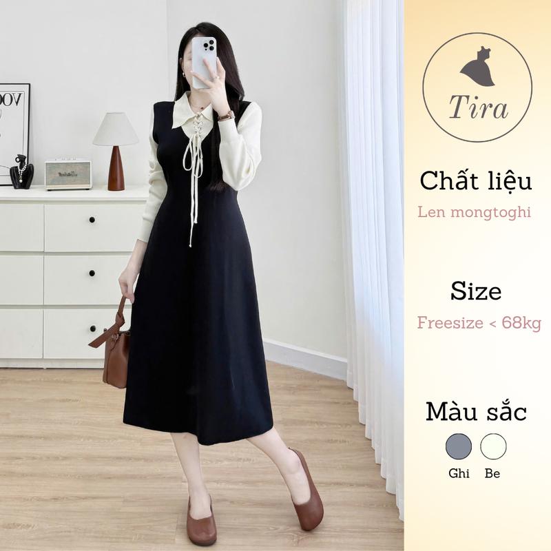   Tira Mama Design M316 Váy bầu công sở Váy len bầu tay dài Váy polo cổ đan dây phối tay Váy bầu dáng xòe 
