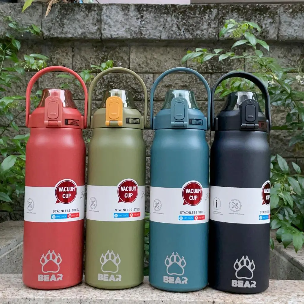 【COD】 BEAR  ขวดน้ำดื่มสแตนเลส ดีไซน์หมี ความจุขนาดใหญ่ 1700ml/60oz หลอด รวม แก้ว  น้ํา รูปทรงเรขาคณิต ไล่โทนสี สีม่วง