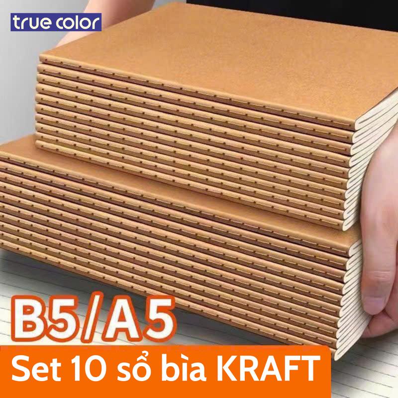 Set 10 quyển Vở tập học sinh, vở ghi chú A5 B5 bìa KRAFT, sổ bìa đen/nâu khâu gáy giấy caro, kẻ ngang, không kẻ black  leather muji  planner