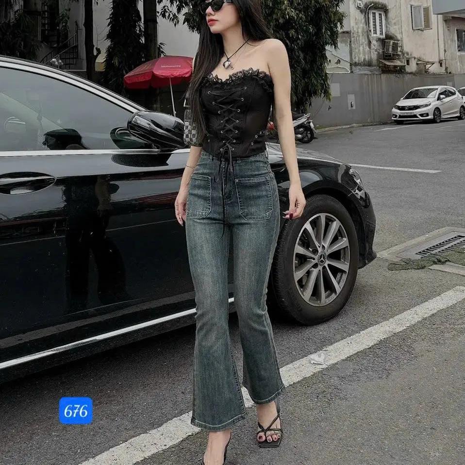 [LN676 ]Quần Jeans Loe Màu Đậm Trầm Có Túi Vuông Trước Nữ Cạp Siêu Tao Tôn Dáng   Women Ống Loe quần