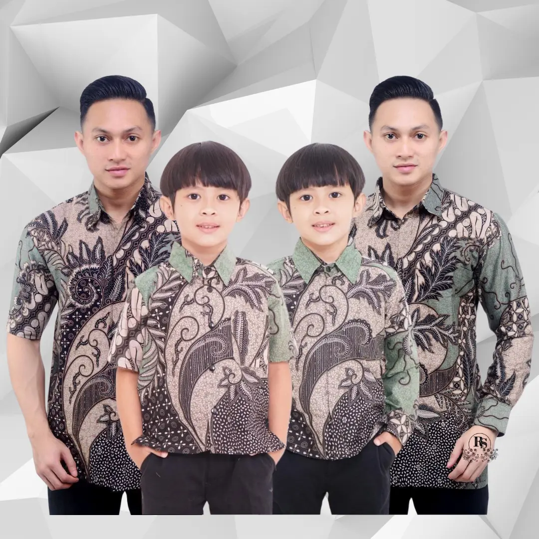 Batik Sugih Waras Couple Kemeja Batik Ayah Dan Anak Laki-Laki Usia 2-12 Tahun Warna Hijau Sage