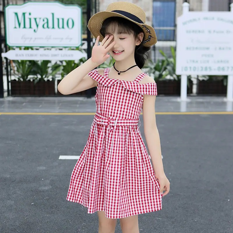 Trang Phục Mùa Hè Cho Bé Gái, Thời Trang, Phong Cách Hàn Quốc, Váy Trễ Vai Sang Trọng, Họa Tiết Kẻ Sọc Cổ Điển Thích Hợp Cho Bé Gái Và Trẻ Em Lớn, 2025 2