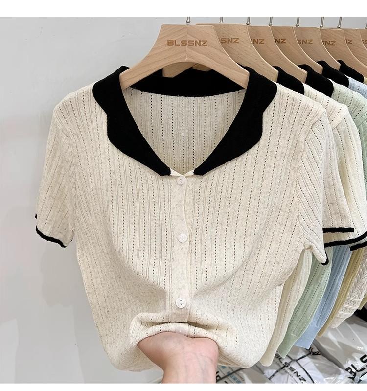 Product Introduction of Áo Cardigan Dệt Kim, ngắn Tay, Chất Liệu Lụa Ngầu Dành Cho Nữ, Mỏng Và Mùa Hè, Màu Sắc Tương Phản, Thiết Kế Độc Đáo Với Thiết Kế Áo Polo Rỗng Áo Cánh Nữ Hàng Đầu 12