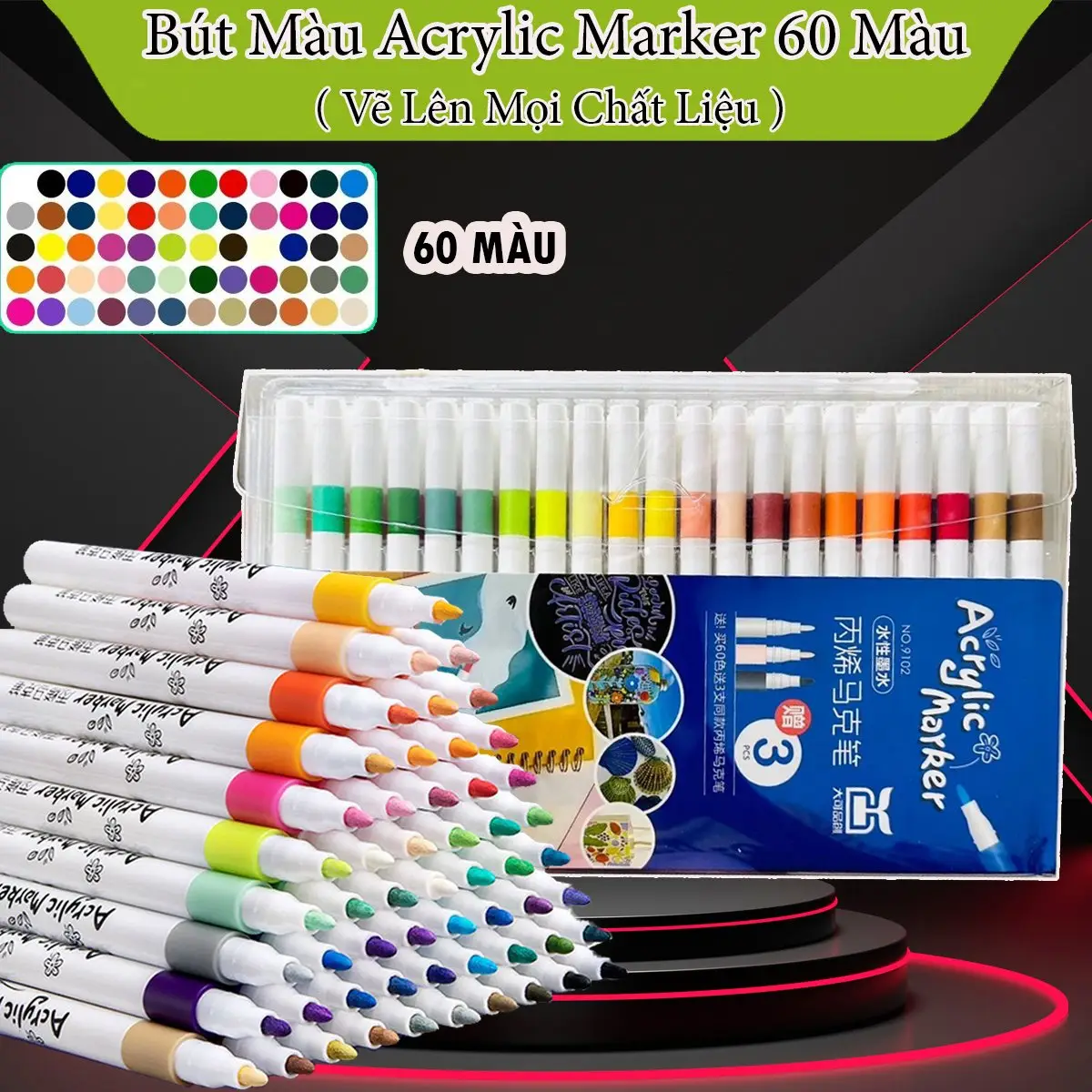 Hộp 60 Bút Màu Acrylic Marke Cao Cấp Chống Nước Cao Cấp Màu Sắc Tươi Sáng - Bút Lông Màu Vẽ Trên Mọi Chất Liệu Bomau