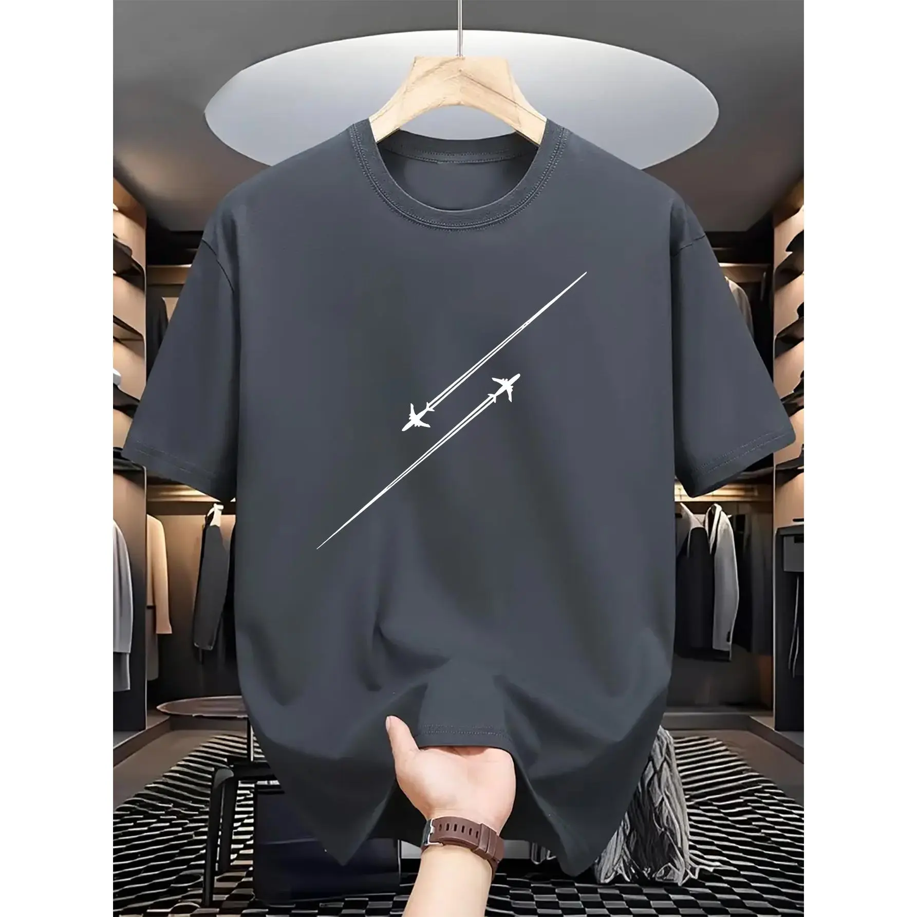 Unisex casual comfortable T-shirt with unique airplane print - breathable polyester, round neck, short sleeves - perfect summer men's top