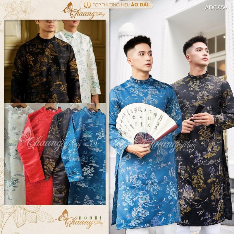 TẶNG KHĂN XẾP Áo dài Nam cách tân Kỉ Hoa gấm Thủy Mạc Chaang may sẵn ADC859 áo dài truyền thống xanh đỏ đô da be kem dự tiệc cưới lễ Tết đẹp - TẶNG KHĂN XẾP