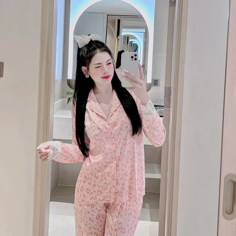Đồ bộ pijama mặc nhà nữ  La tin phối ren Tay dài Áo Ngủ Nữ Áo Nhung 4