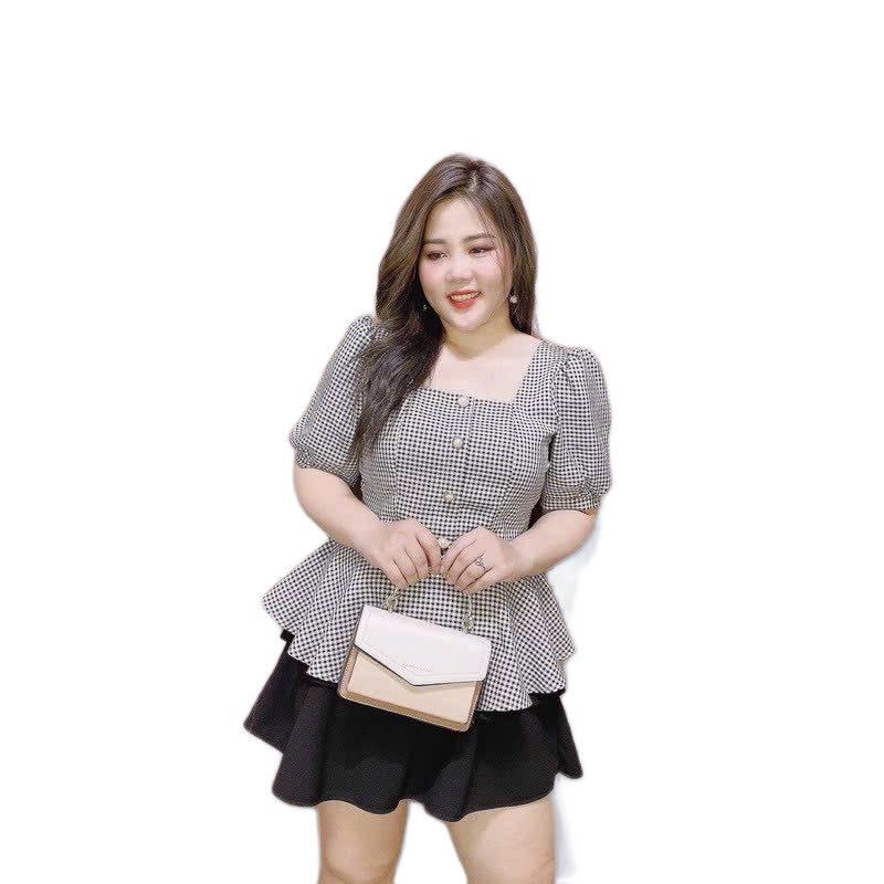 Áo caro dáng peplum cổ vuông Bigsize TốTrinh