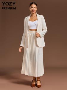 YOZY Women's Solid Double Button Lapel Neck Fake Pocket Deocr Blazer & Pleated Long Skirt Two-piece Set, Elegant Fashion Casual Two Piece Outfits for Work Office Business, Ladies Spring & Fall Clothes