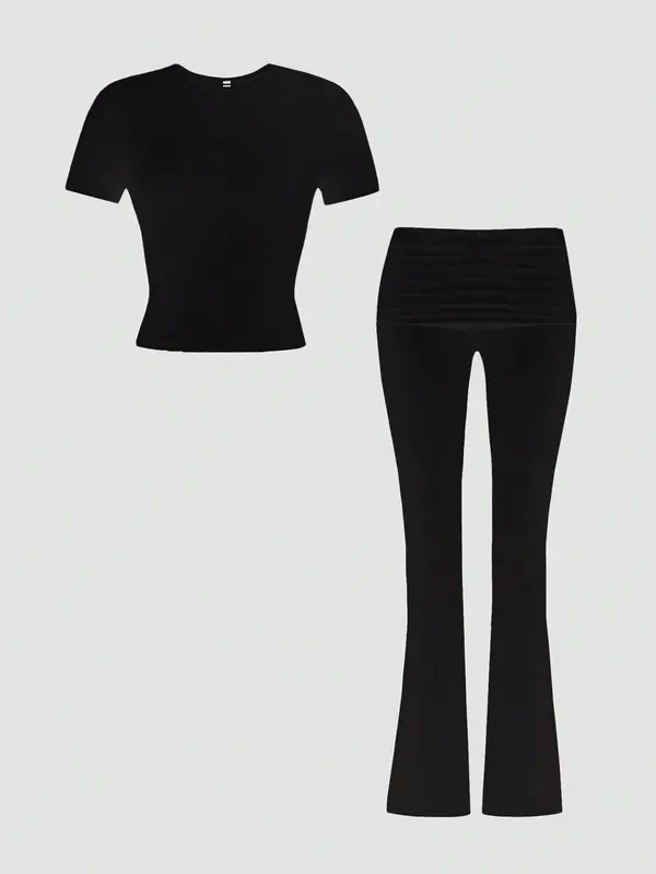 Two-piece Set Women's Solid Crop Top & Flare Leg Pants, Casual Fashion Cozy Round Neck Top & Bell Bottom Trousers for Daily Outdoor Wear, Ladies Clothes for Summer 3