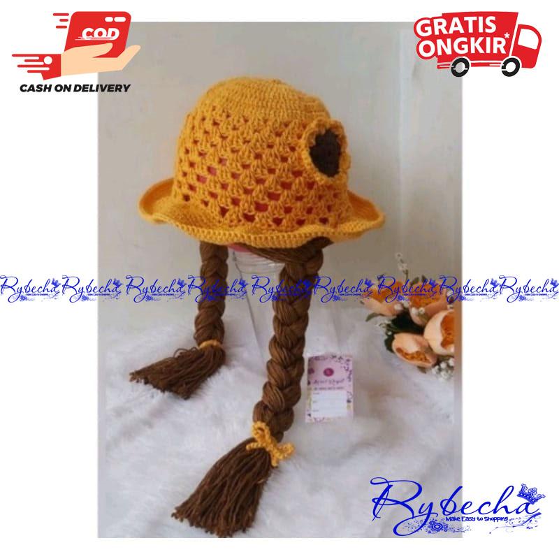 Paket 3 Pcs Kupluk Bayi Perempuan Rajut Topi Bayi Newborn Motif Kepang Wig Usia 0 - 3 Thn 2