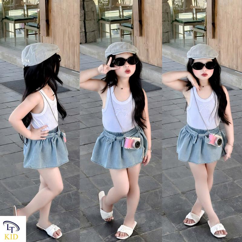  S0806 - Set áo ba lỗ thêu nơ + Chân váy bò giấy bo lót quần trong bo gấu dành cho bé gái 8-30 kg 