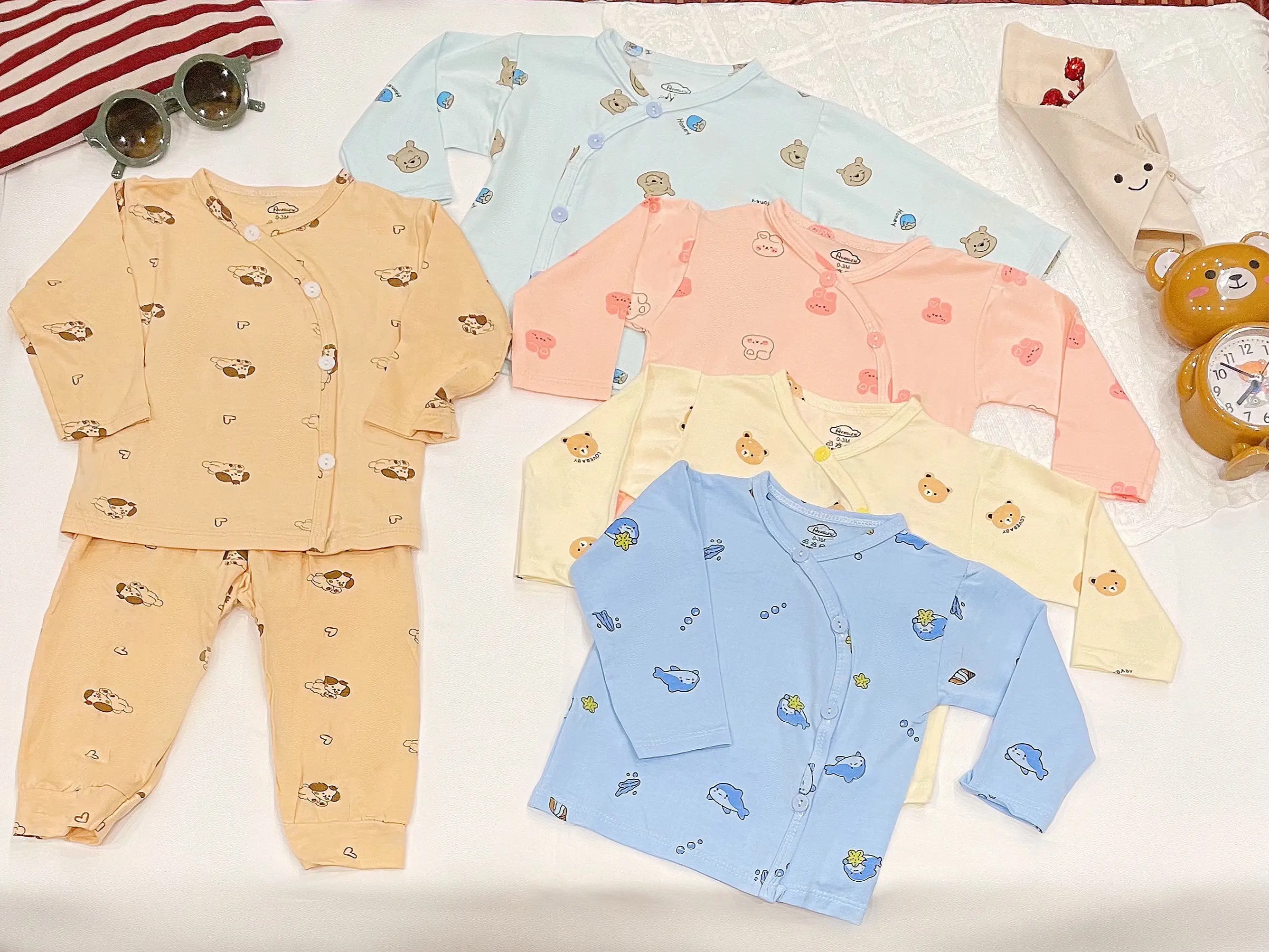 HT01-Combo Bộ dài tay sơ sinh phong cách Hàn Quốc- Chất vải thun lạnh cao cấp