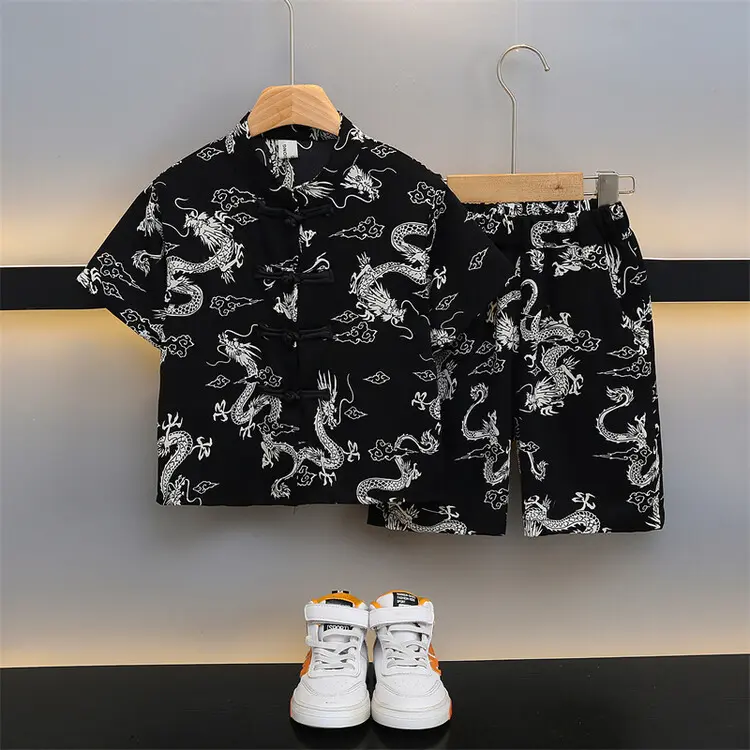 Bộ Áo Sơ Mi Hanfu Lụa Mango Ngắn Tay + Quần Short Họa Tiết Rồng Cho Bé Gái Và Bé Trai Phong Cách Sành Điệu Thời Trang Mùa Hè 3