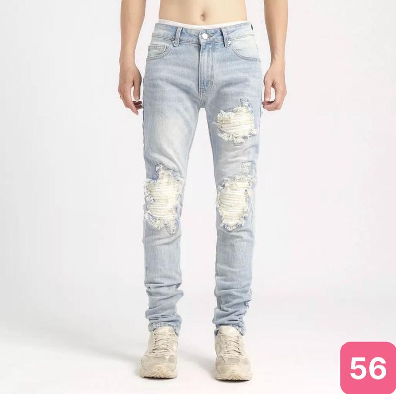 Quần jean dài nam màu xanh nhạt kiểu rách có lót miếng vá trắng chất jeans co dãn tốt form dáng skinny QH56 kiểu mới Menswear Pants Có Túi