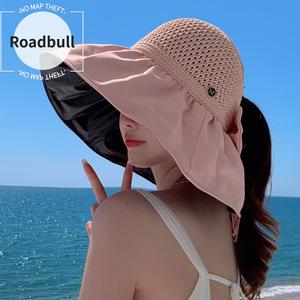 ROADBULL新作女性用日焼け止まりまりめけ止まりめけ止め帽子,夏用ブラックコーティングUVカットビーチハット,つば広のリボン払ういきヤンをBうフィッシャーマンハット