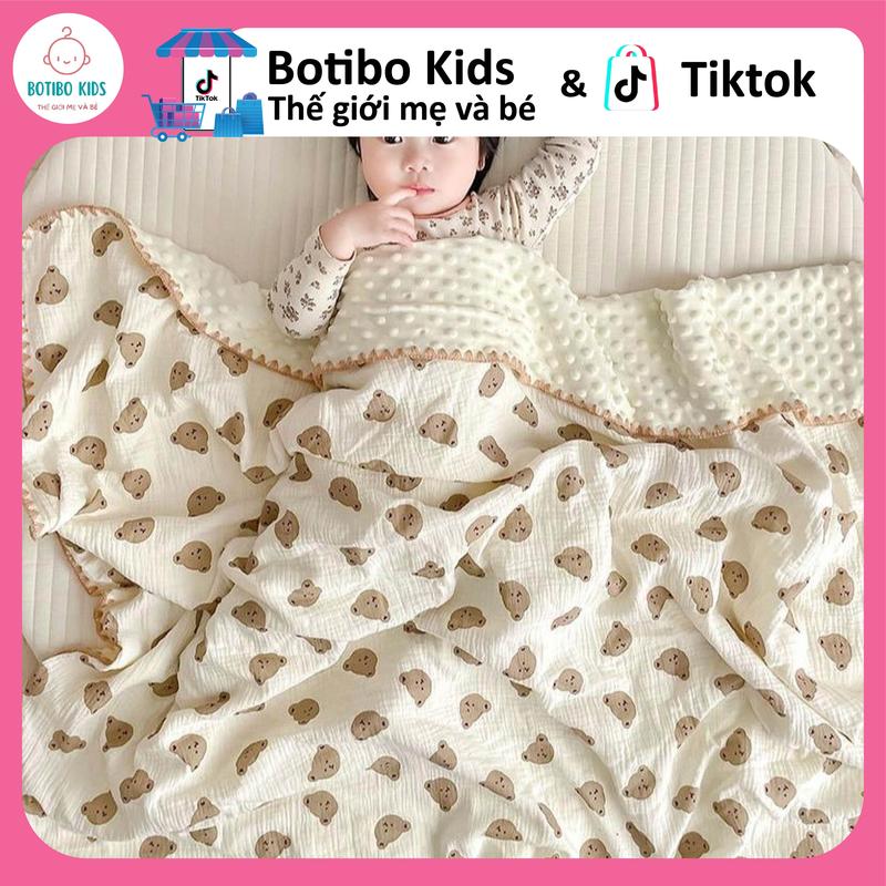 Chăn xô hạt đậu Himom 2 lớp bo viền cao cấp chất liệu xô muslin kết hợp vải nhung bi siêu mềm mại phong cách Hàn Quốc cho bé size 105cmx100cm (Chăn đắp đa năng) BOTIBO KIDS