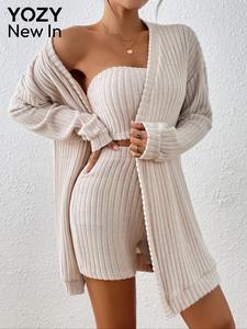 YOZY Three-piece Set Women's Solid Crop Tube Top & Open Front Long Sleeve Outwear & Elastic Waist Shorts, Casual Fashion Cozy Set for Daily Outdoor Wear, Ladies Clothes for All Seasons