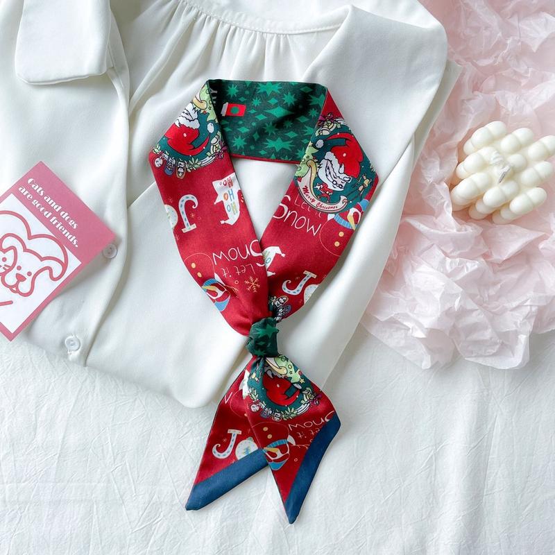 Product Introduction of JASMIN NOIR Silk Red Christmas New Year Print Strip Scarf Women's Hairband Tie Bag Accessories Ribbon Decoration for Bag Christmas  Gift 20