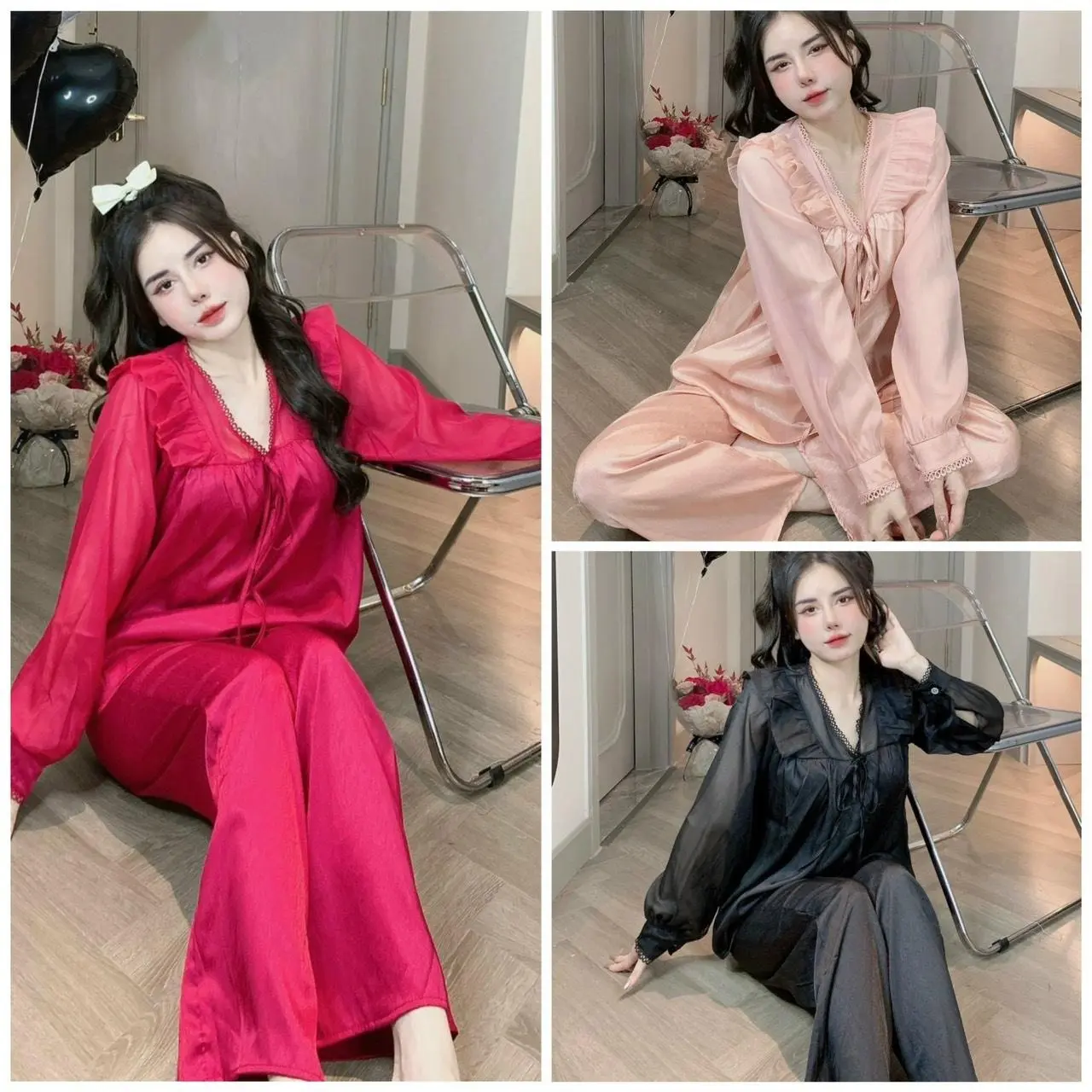 H103 Đồ Bộ Ngủ Nữ Mặc Nhà Dễ Thương Pijama Lụa Xước Áo Dài Tay Cổ Tim Phối Von Mềm Mại Phù Hợp Cân Nặng Từ 40-80 KG