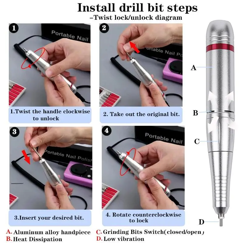 Professional Electric Nail Drill Machine Set, 1 Set Rechargeable Nail File, Nails Accessories, Gel Nail Polish Sander, Low Noise Nail Drill Machine Set, Gifts for Women 7