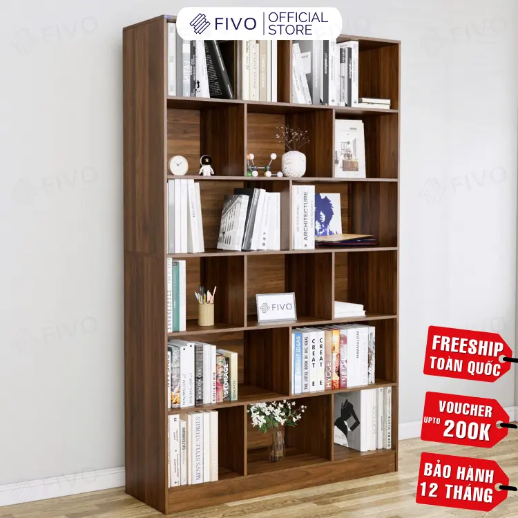 Kệ Sách Gỗ Để Sàn Cao Cấp Màu Walnut FIVO FB70, Tấm Lưng Dày Dặn, Dễ Dàng Lắp Ráp, Thiết Kế Thanh Lịch