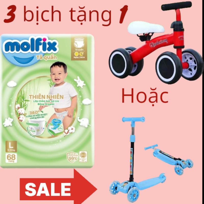 [ tặng quà xe scooter/ xe chòi] combo 3 bịch bỉm Molfix thiên nhiên tặng xe, mẫu mới, đủ size NB S M L XL XXL