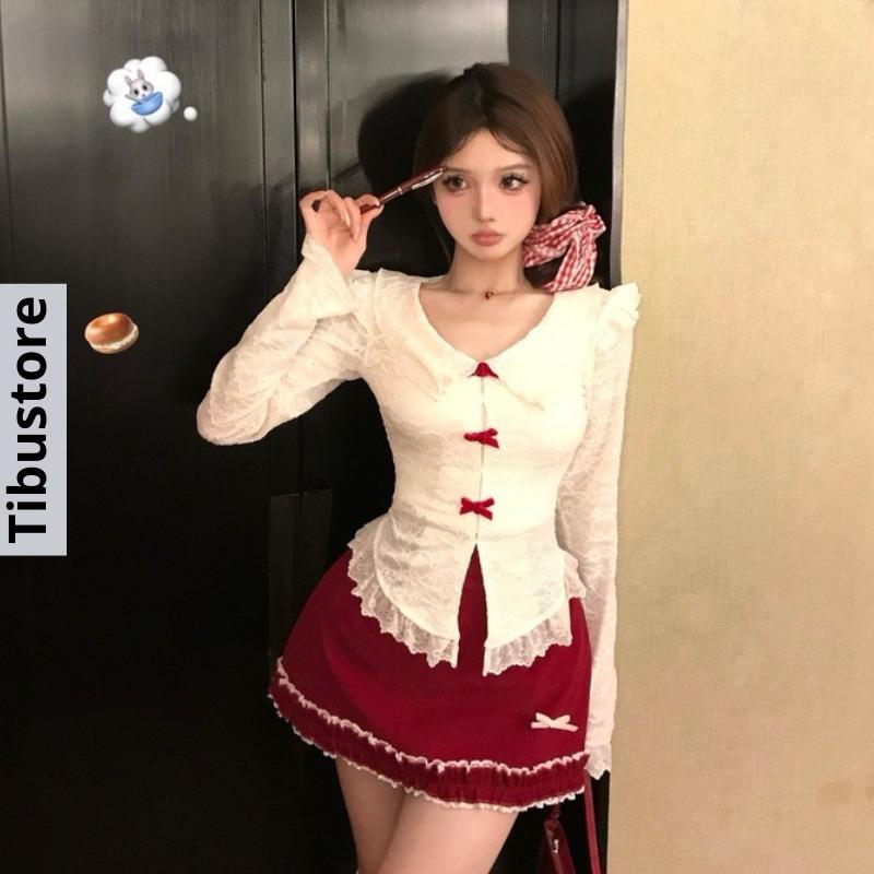 Set Áo Cổ V Đính Nơ Viền Ren Phối Chân Váy Ngắn Xoè TIBU Set Đồ Nữ Đỏ Trắng Sang Chảnh Tôn Dáng Đi Chơi Dạo Phố S113
