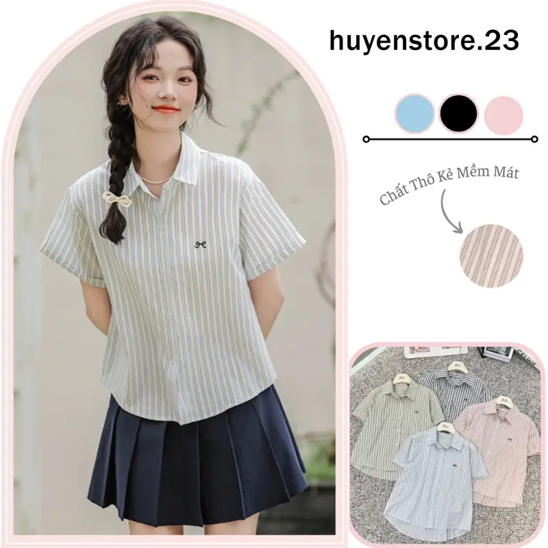 áo sơ mi kẻ sọc nữ cộc tay thêu nơ thanhuyen clothing , áo sơ mi nữ cộc tay thêu nơ kiểu dáng hàn quốc (A142) 0
