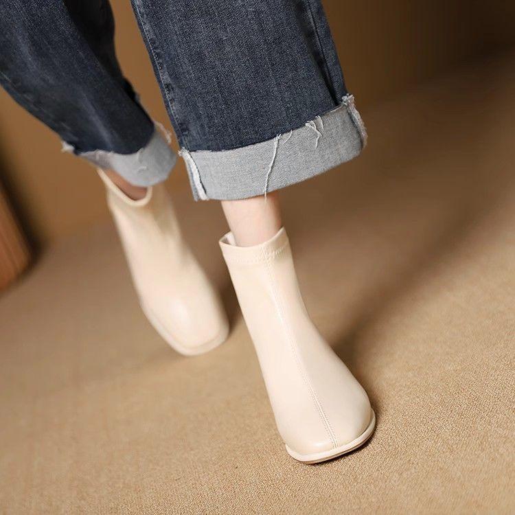 Bốt Cao Gót, Phong Cách Pháp, Dành Cho Nữ, Phong Cách Hàn Quốc Mới, Bốt Cao Đến Mắt Cá Chân Nhỏ Khóa Kéo Phía Sau, Đầu Vuông, Bốt Mỏng Co Giãn Màu Trắng， Boot， Shoes， Hoa 7