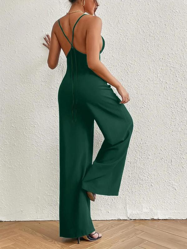 Women's Minimalist Plain Criss Cross Backless Cami Jumpsuit for Summer, Summer Clothes, Womenswear Basic Casual Sleeveless Pocket Wide Leg Jumpsuit for Lady Summer, Ladies Clothes for Daily Wear 1