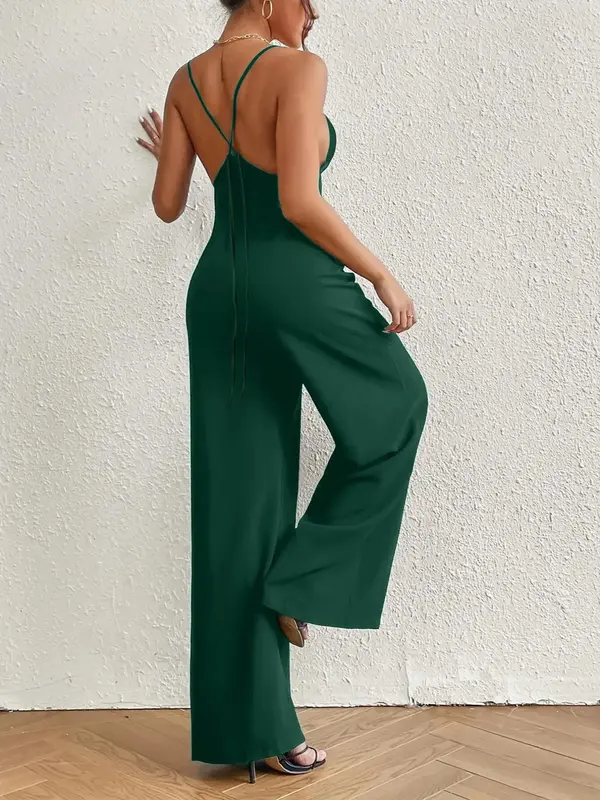 Women's Plain Criss Cross Backless Cami Jumpsuit, Casual Pocket Wide Leg Jumpsuit for Summer, Ladies Clothes for Daily Wear 1