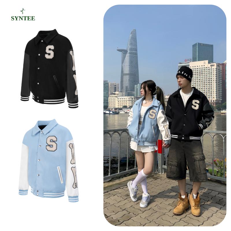 Áo Khoác Varsity Syntee BROOK, Chất Dạ Phối Tay Da, Họa Tiết Thêu