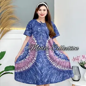 Daster Kaos Payung Jumbo Dada Tali Depan Tidak Busui Baju Tidur Wanita Dewasa Model Lengan Pendek Kerah Leher Bulat U Neck Panjang Dress Selutut Motif Garis Salur Tiedye Kombinasi Bercak Variasi Warna Warni Kain Super Tebal Rayon Katun Kekinian Terbaru