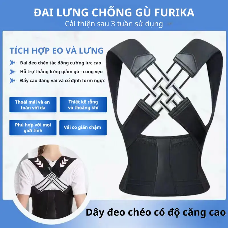 Đai Lưng Furika Nam/Nữ Hỗ Trợ Thẳng Lưng Phiên Bản Mới  - Định Hình Đường Cong Đẹp, Đai Nâng Ngực Bảo Vệ Có Nẹp Chỉnh Cột Sống 0
