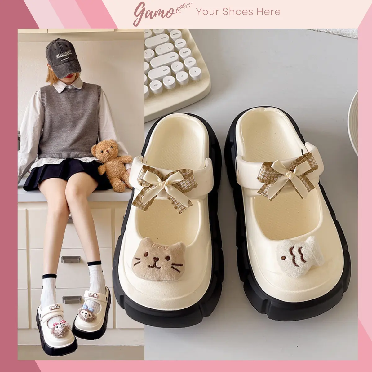 Dép sục nữ form Mary-jane đế cao 5 cm kèm charm nơ cá mèo Gamo kiểu sandal quai hậu CS-103