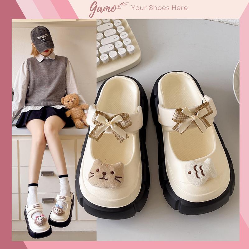 Dép sục nữ form Mary-jane đế cao 5 cm kèm charm nơ cá mèo Gamo kiểu sandal quai hậu CS-103