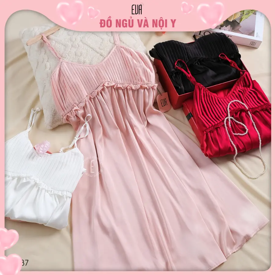 EVA Store - Váy ngủ lụa satin xếp ly dáng xoè D237 phong cách tiểu thư dành cho Nữ - 1 kích thước - 4 màu sắc