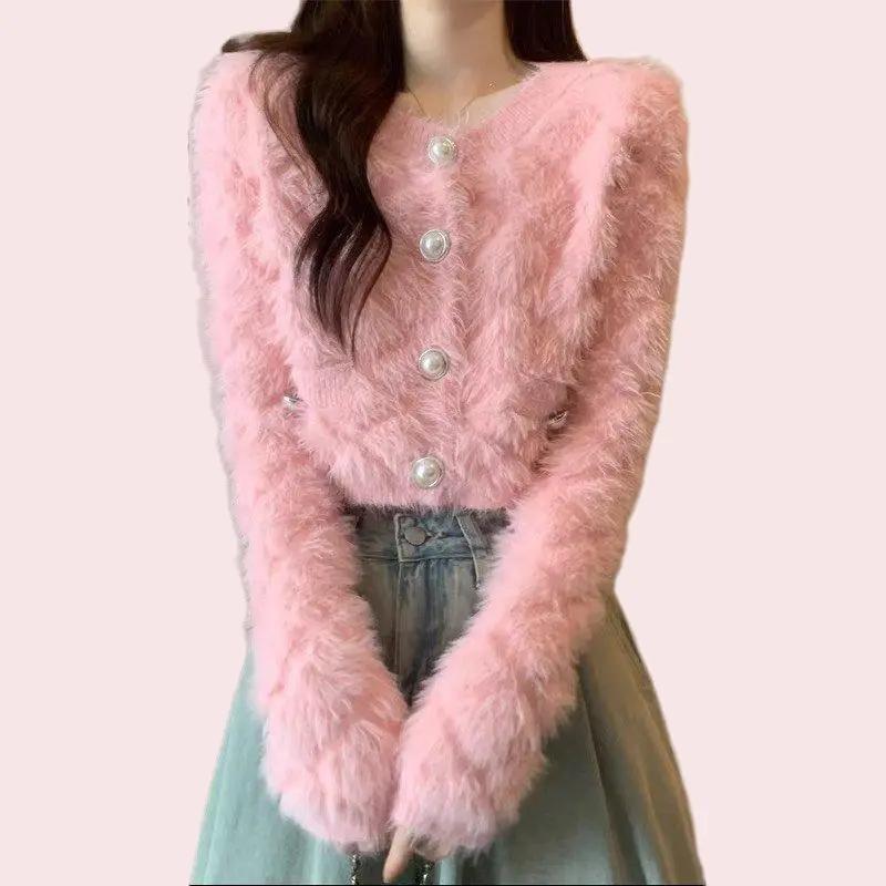 Áo len lông thỏ nữ croptop tay dài nút ngọc! (Thảo Ngọc Store) Women Tim