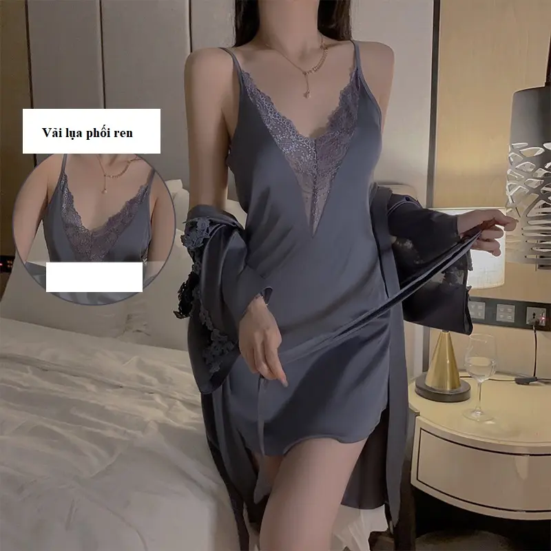 Set đồ ngủ sexy nữ gồm váy và áo choàng vải lụa mềm mại thoáng mát cao cấp hàng nhập NG1906 - Thời Trang Dương Women