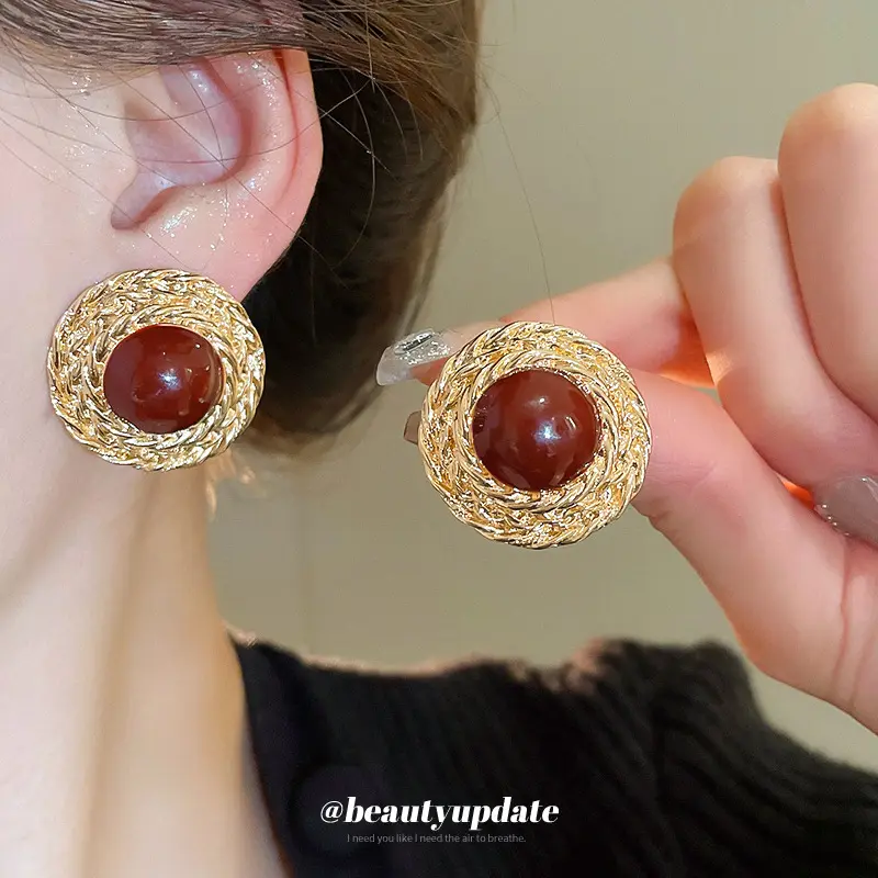 Silver Needle Ankela Drop Oil round Studs Women's Mid-Ancient Style Minority All-Match Earrings Light Luxury High-Grade Earrings