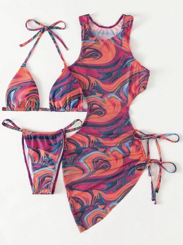 Women's All over Print Cut out Triangle Bikinis for Summer 2024, Drawstring Tie Back Halter Neck High Cut Swimwear Set for Summer, Swimsuit for Beach Holiday 4